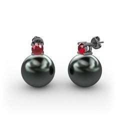 Tektaş İnci Küpe - Siyah inci ve garnet 925 ayar siyah rodyum kaplama gümüş küpe #pkjxf1