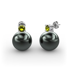 Siyah inci ve peridot 14 ayar beyaz altın küpe