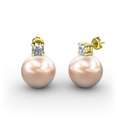 Tektaş İnci Küpe - Pembe inci ve swarovski 18 ayar altın küpe #y472by