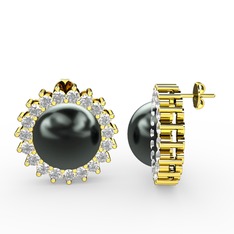 Siyah inci ve swarovski 8 ayar altın küpe