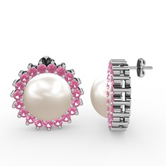 Inci ve pembe kuvars 18 ayar beyaz altın küpe