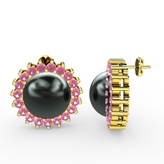 Siyah inci ve pembe kuvars 18 ayar altın küpe