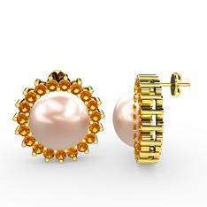 Gün Işığı İnci Küpe - Pembe inci ve sitrin 18 ayar altın küpe #gepbt9