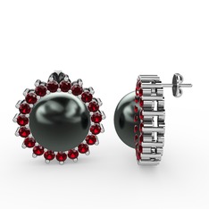 Siyah inci ve garnet 8 ayar beyaz altın küpe