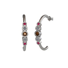 Dumanlı kuvars, pırlanta ve rodolit garnet 14 ayar beyaz altın küpe (0.08 karat)