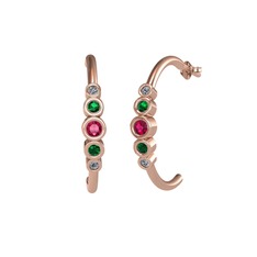 Minimal 5 Taşlı Küpe - Rodolit garnet, yeşil kuvars ve pırlanta 8 ayar rose altın küpe (0.08 karat) #103pn1c