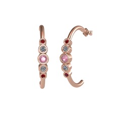 Minimal 5 Taşlı Küpe - Pembe kuvars, pırlanta ve garnet 14 ayar rose altın küpe (0.08 karat) #103s65n