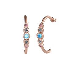 Minimal 5 Taşlı Küpe - Akuamarin, pırlanta ve pembe kuvars 8 ayar rose altın küpe (0.08 karat) #10qg3ag