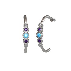 Minimal 5 Taşlı Küpe - Akuamarin, ametist ve swarovski 18 ayar beyaz altın küpe #11b398t