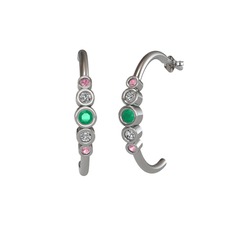 Minimal 5 Taşlı Küpe - Kök zümrüt, swarovski ve pembe kuvars 14 ayar beyaz altın küpe #11gag18