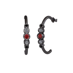 Minimal 5 Taşlı Küpe - Garnet, pırlanta ve siyah zirkon 925 ayar siyah rodyum kaplama gümüş küpe (0.08 karat) #11gfc1l