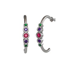 Minimal 5 Taşlı Küpe - Rodolit garnet, ametist ve yeşil kuvars 8 ayar beyaz altın küpe #11kd7or