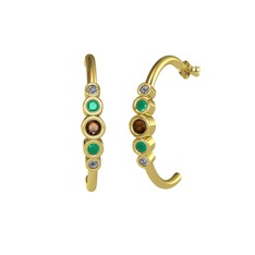 Minimal 5 Taşlı Küpe - Dumanlı kuvars, kök zümrüt ve pırlanta 14 ayar altın küpe (0.08 karat) #11p508s