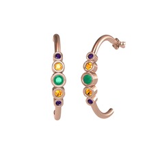 Minimal 5 Taşlı Küpe - Kök zümrüt, sitrin ve ametist 18 ayar rose altın küpe #11t4h6g