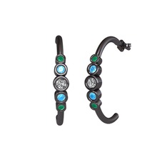 Minimal 5 Taşlı Küpe - Beyaz zirkon, akuamarin ve kök zümrüt 925 ayar siyah rodyum kaplama gümüş küpe #11vgymb