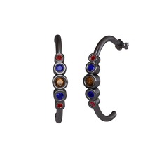 Minimal 5 Taşlı Küpe - Dumanlı kuvars, lab safir ve garnet 925 ayar siyah rodyum kaplama gümüş küpe #123hely