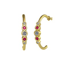 Minimal 5 Taşlı Küpe - Pırlanta, rodolit garnet ve swarovski 14 ayar altın küpe (0.12 karat) #125k7t6