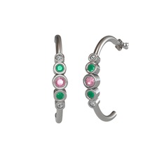 Pembe kuvars, kök zümrüt ve swarovski 18 ayar beyaz altın küpe