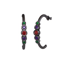 Minimal 5 Taşlı Küpe - Garnet, ametist ve yeşil kuvars 925 ayar siyah rodyum kaplama gümüş küpe #134ahh