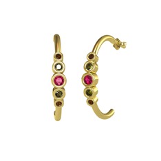 Minimal 5 Taşlı Küpe - Rodolit garnet, peridot ve dumanlı kuvars 14 ayar altın küpe #1403e38