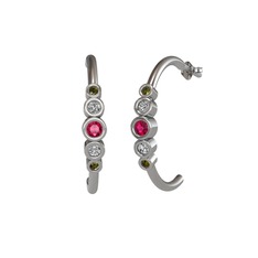 Minimal 5 Taşlı Küpe - Rodolit garnet, beyaz zirkon ve peridot 14 ayar beyaz altın küpe #14dwl5