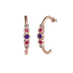 Minimal 5 Taşlı Küpe - Ametist, rodolit garnet ve pırlanta 8 ayar rose altın küpe (0.08 karat) #155pzey