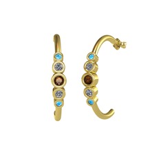 Minimal 5 Taşlı Küpe - Dumanlı kuvars, pırlanta ve akuamarin 18 ayar altın küpe (0.08 karat) #15dvlhz