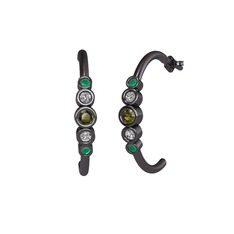 Minimal 5 Taşlı Küpe - Peridot, beyaz zirkon ve kök zümrüt 925 ayar siyah rodyum kaplama gümüş küpe #15pio8n