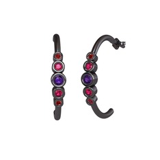 Minimal 5 Taşlı Küpe - Ametist, rodolit garnet ve garnet 925 ayar siyah rodyum kaplama gümüş küpe #16gji0x