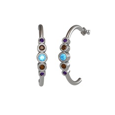 Akuamarin, dumanlı kuvars ve ametist 18 ayar beyaz altın küpe