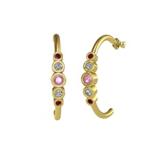 Pembe kuvars, swarovski ve kök yakut 14 ayar altın küpe