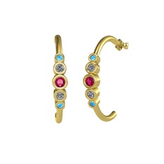 Minimal 5 Taşlı Küpe - Rodolit garnet, pırlanta ve akuamarin 18 ayar altın küpe (0.08 karat) #1720i0n