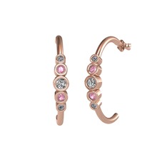Minimal 5 Taşlı Küpe - Beyaz zirkon, pembe kuvars ve pırlanta 18 ayar rose altın küpe (0.08 karat) #1721vu4