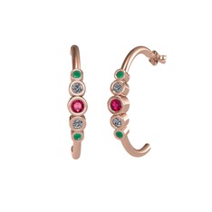 Minimal 5 Taşlı Küpe - Rodolit garnet, pırlanta ve kök zümrüt 14 ayar rose altın küpe (0.08 karat) #17hckb2