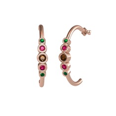 Minimal 5 Taşlı Küpe - Dumanlı kuvars, rodolit garnet ve yeşil kuvars 8 ayar rose altın küpe #18ojy9d