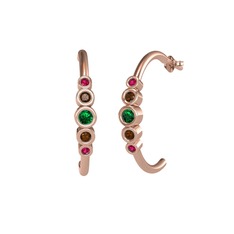 Minimal 5 Taşlı Küpe - Yeşil kuvars, dumanlı kuvars ve rodolit garnet 18 ayar rose altın küpe #194870z