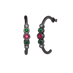Minimal 5 Taşlı Küpe - Rodolit garnet, yeşil kuvars ve swarovski 925 ayar siyah rodyum kaplama gümüş küpe #1a7dti1