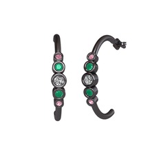 Minimal 5 Taşlı Küpe - Swarovski, kök zümrüt ve pembe kuvars 925 ayar siyah rodyum kaplama gümüş küpe #1aw6hz0