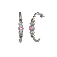 Pembe kuvars, beyaz zirkon ve peridot 14 ayar beyaz altın küpe