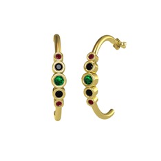 Minimal 5 Taşlı Küpe - Yeşil kuvars, siyah zirkon ve kök yakut 18 ayar altın küpe #1dxwmfs