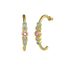 Pembe kuvars, beyaz zirkon ve akuamarin 18 ayar altın küpe