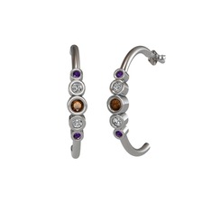 Minimal 5 Taşlı Küpe - Dumanlı kuvars, swarovski ve ametist 8 ayar beyaz altın küpe #1fnzgsu