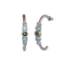 Peridot, akuamarin ve beyaz zirkon 14 ayar beyaz altın küpe