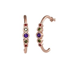 Minimal 5 Taşlı Küpe - Ametist, peridot ve garnet 18 ayar rose altın küpe #1g70592