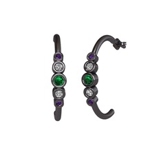 Minimal 5 Taşlı Küpe - Yeşil kuvars, swarovski ve ametist 925 ayar siyah rodyum kaplama gümüş küpe #1g9mutr