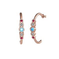 Akuamarin, beyaz zirkon ve rodolit garnet 925 ayar rose altın kaplama gümüş küpe