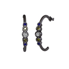 Minimal 5 Taşlı Küpe - Swarovski, peridot ve lab safir 925 ayar siyah rodyum kaplama gümüş küpe #1hds997