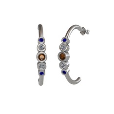 Minimal 5 Taşlı Küpe - Dumanlı kuvars, pırlanta ve lab safir 18 ayar beyaz altın küpe (0.08 karat) #1hv8mgj