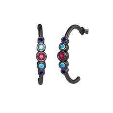 Minimal 5 Taşlı Küpe - Rodolit garnet, akuamarin ve lab safir 925 ayar siyah rodyum kaplama gümüş küpe #1hz6l1p