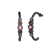 Pembe kuvars, dumanlı kuvars ve pırlanta 925 ayar siyah rodyum kaplama gümüş küpe (0.08 karat)